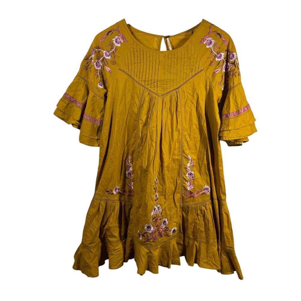 Free People‎ Pavlo Babydoll Dress Women S Gold Yellow Embroidery Boho Festival